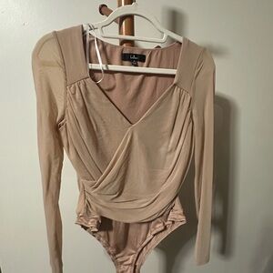 Lulu's Beige Long Sleeve Wrap Bodysuit